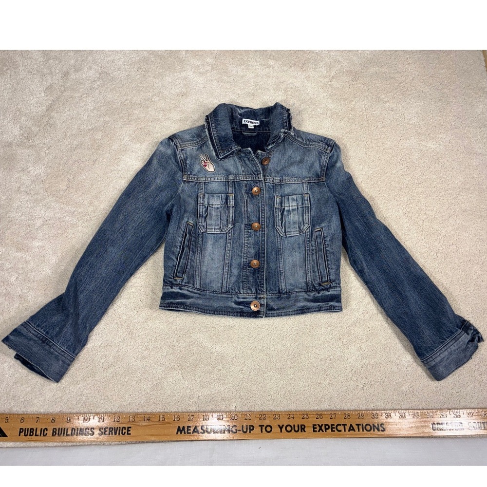 Express Womens Denim Jacket XS Blue Distressed Embroidered Van Cactus Patch Crop